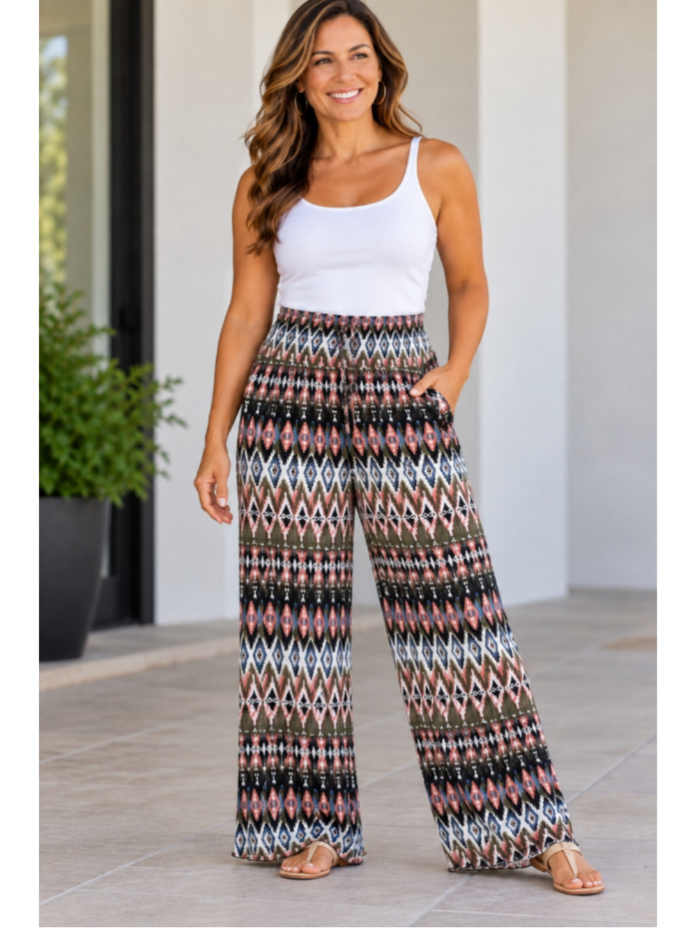Women's Peace & Pearls Wide Leg Pants Size M Black Multi-color Pattern